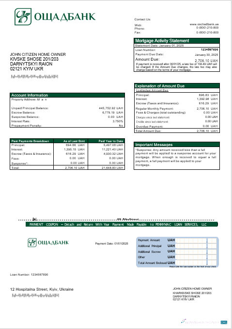 Download Ukrainian Oshadbank mortgage statement in Word and PDF formats Photoshop template